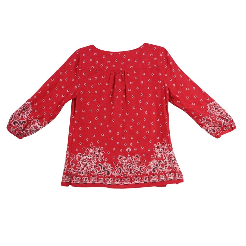 Talbots Red Floral Boho Blouse 3/4 Sleeve Tassel Tie Neck Small Cotton Womens To - Picture 5 of 8